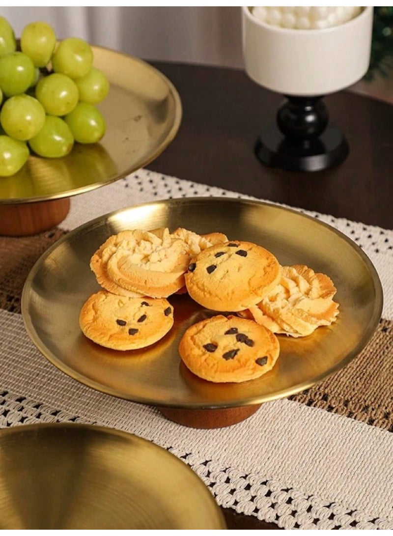 دائرة مربعة طقم حامل فواكه وكيك من قطعتين من الستانلس ستيل مع قاعدة خشبية، صحن تقديم ذهبي فاخر، سهل التركيب مع لاصق تثبيت، مناسب لرمضان والضيافة - Image 2